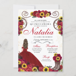 Invitación Sunflowers Red Roses Cowgirl Western Quinceanera
