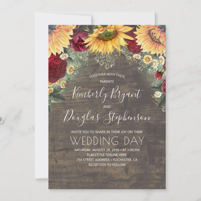 Invitación Sunflowers Red Roses Daisies Rustic Boda (Anverso)