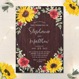 Invitación Sunflowers Red Roses Luces Wood Boda