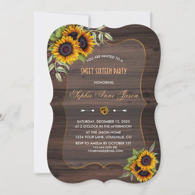 Invitación Sunflowers Romántico Wood Sweet Dieciséis Fiestas (Anverso)