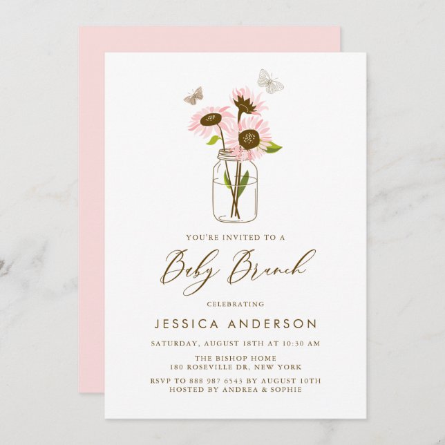 Invitación Sunflowers rosa en Mason Jar Baby Brunch (Anverso / Reverso)