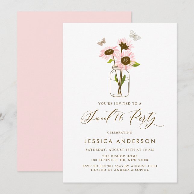 Invitación Sunflowers rosa en Mason Jar Rustic Sweet 16 (Anverso / Reverso)