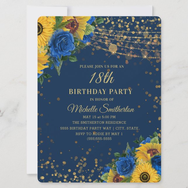 Invitación Sunflowers Rosas Azules Purpurina de Oro 18 cumple (Anverso)