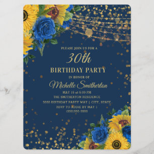 Invitación Sunflowers Rosas Azules Purpurina de Oro 30 cumple