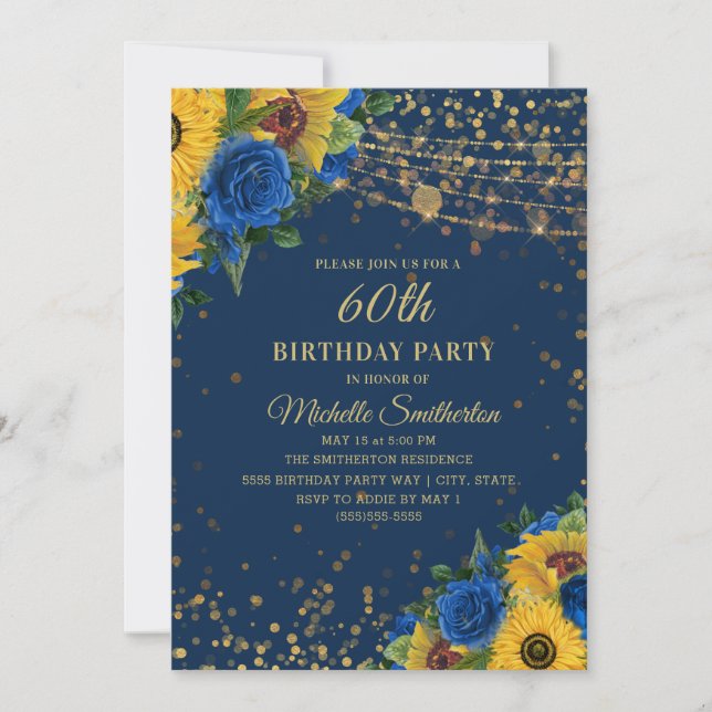 Invitación Sunflowers Rosas Azules Purpurina de Oro 60 cumple (Anverso)