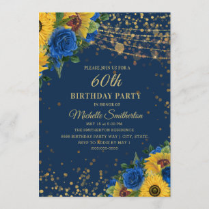 Invitación Sunflowers Rosas Azules Purpurina de Oro 60 cumple