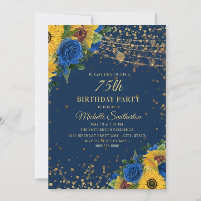 Invitación Sunflowers Rosas Azules Purpurina de Oro 75 cumple (Anverso)