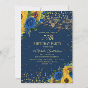 Invitación Sunflowers Rosas Azules Purpurina de Oro 75 cumple