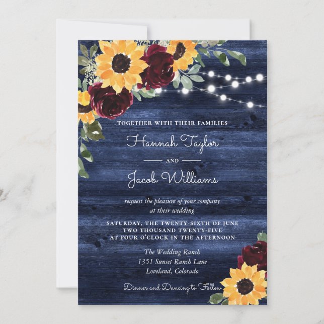 Invitación Sunflowers Rosas de Borgoña Boda de Madera (Anverso)
