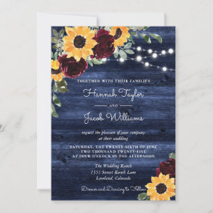 Invitación Sunflowers Rosas de Borgoña Boda de Madera