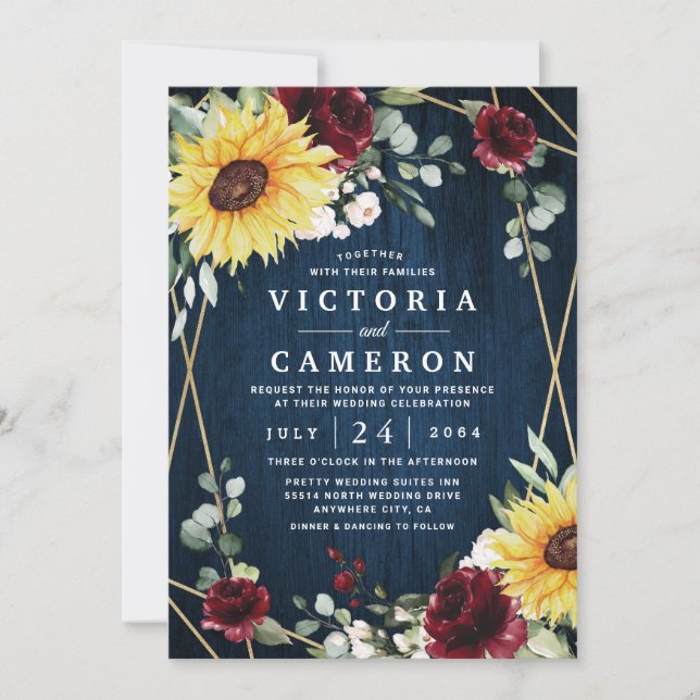 Invitación Sunflowers Rosas de Borgoña Boda Geométrico (Anverso)