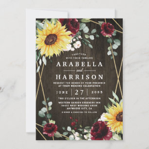 Invitación Sunflowers Rosas de Borgoña Boda geométrico ruso