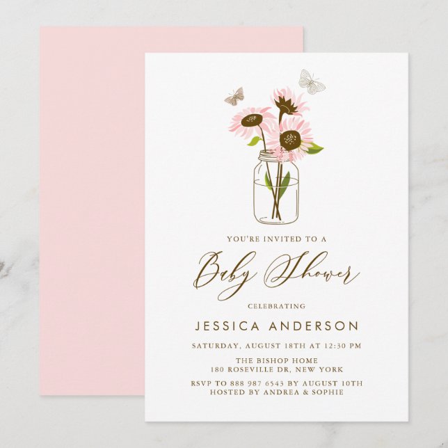 Invitación Sunflowers rosas en Mason Jar Baby Shower (Anverso / Reverso)