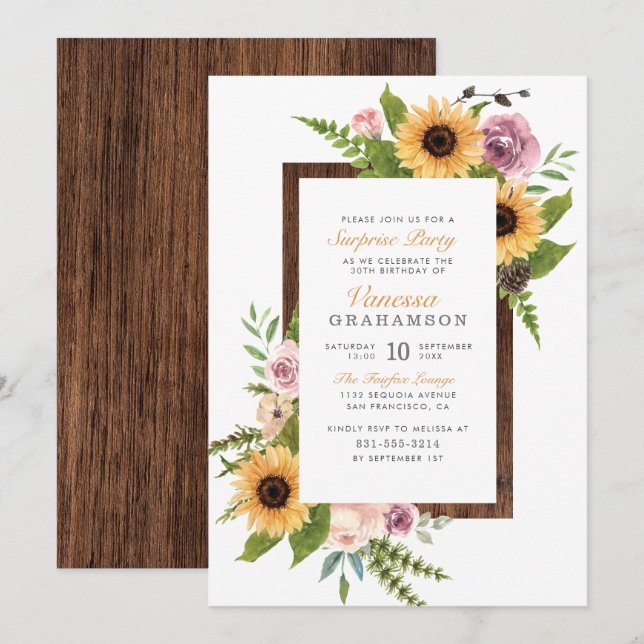 Invitación Sunflowers, Rosas y Barn Wood | Fiesta sorpresa (Anverso / Reverso)