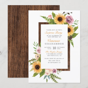 Invitación Sunflowers, Rosas y Barn Wood   Fiesta sorpresa