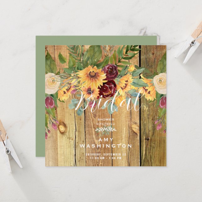 Invitación Sunflowers Rust Wood & Green Bridal Shower (Anverso/Reverso In Situ)