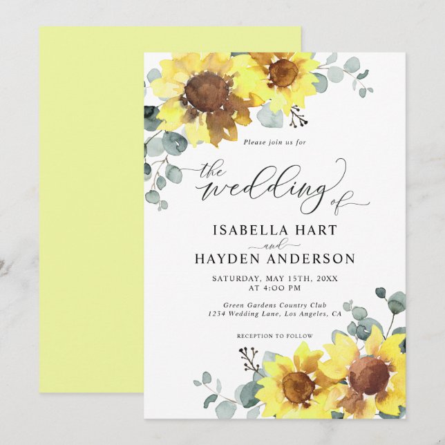 Invitación Sunflowers Rustic Floral Eucalyptus Boda Amarillo (Anverso / Reverso)