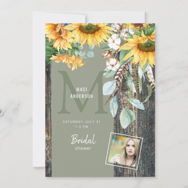 Invitación Sunflowers Rustic Photo Sage Bridal Shower (Anverso)