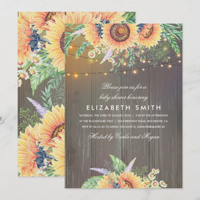 Invitación Sunflowers Rustic String Lights Wood Baby Shower (Anverso / Reverso)