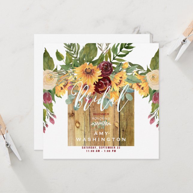 Invitación Sunflowers Rustic Wood Burgundy Bridal Shower (Anverso/Reverso In Situ)