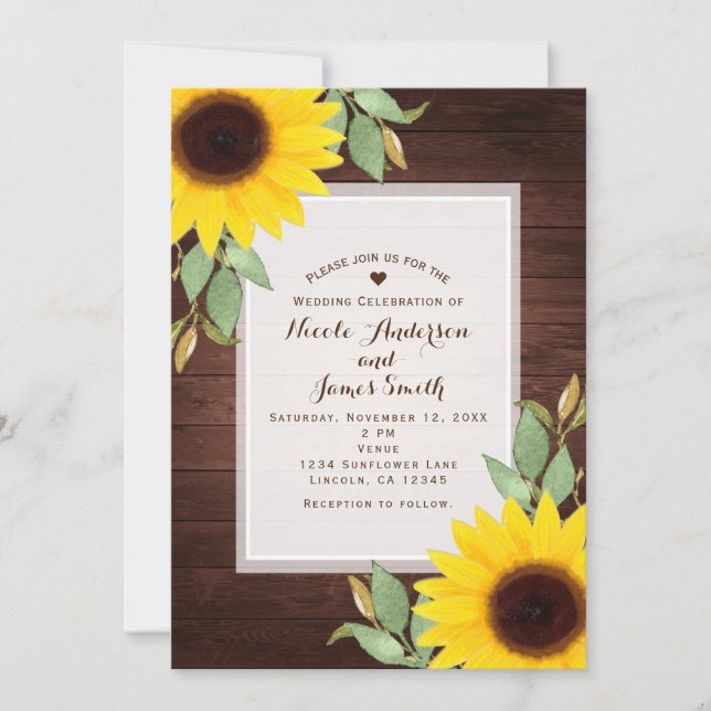 Invitación Sunflowers Rustic Wood Elegant Country Wedding (Anverso)