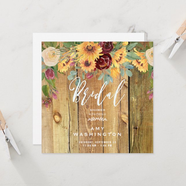 Invitación Sunflowers Rustic Wood Floral Bridal Shower (Anverso/Reverso In Situ)