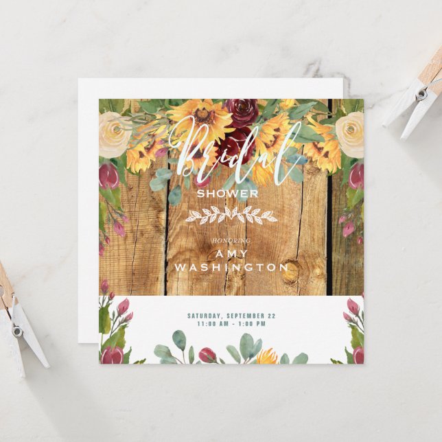 Invitación Sunflowers Rustic Wood Floral Bridal Shower (Anverso/Reverso In Situ)