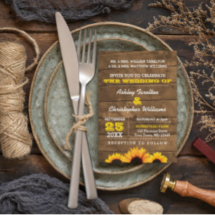 Invitación Sunflowers & Rustic Wood Wedding Invitation