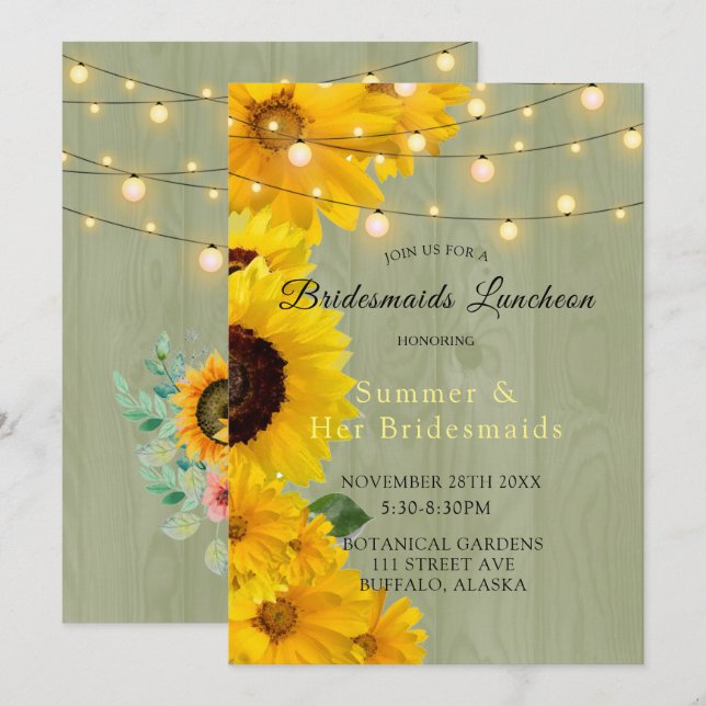 Invitación Sunflowers Sage Wood Lights Bridesmaids Luncheon (Anverso / Reverso)
