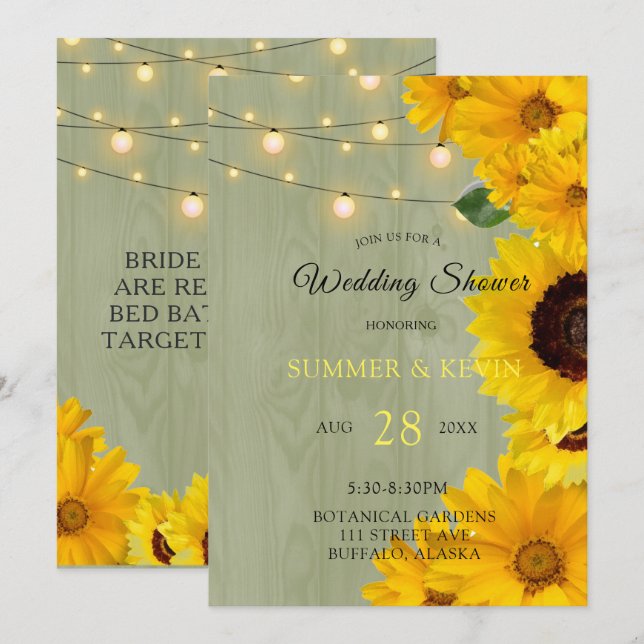 Invitación Sunflowers Sage Wood Luces Wedding Shower (Anverso / Reverso)