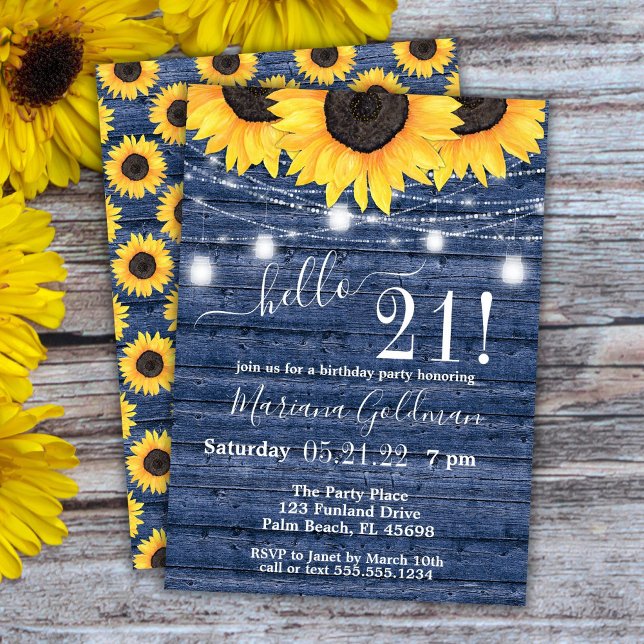 Invitación Sunflowers String ilumina a Blue 21st Birthday Fie (Subido por el creador)