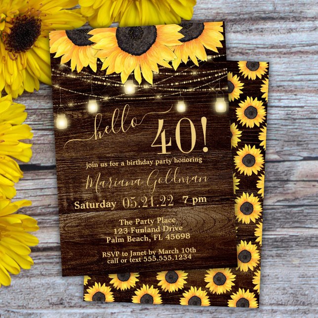 Invitación Sunflowers String Lights 40th Birthday Fiesta Invi (Subido por el creador)