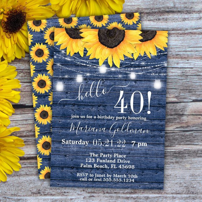 Invitación Sunflowers String Lights Blue 40th Birthday Fiesta (Subido por el creador)