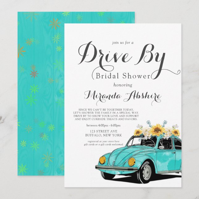 Invitación Sunflowers Turquoise Car Drive By Brillante Shower (Anverso / Reverso)