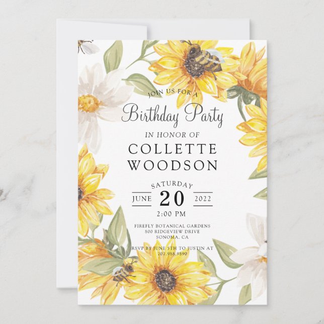 Invitación Sunflowers Watercolor Birday Party (Anverso)