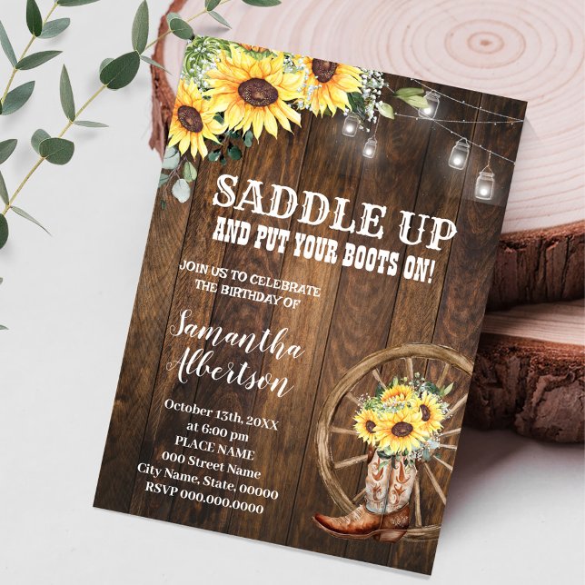 Invitación Sunflowers Western Birday Country Boots (Subido por el creador)