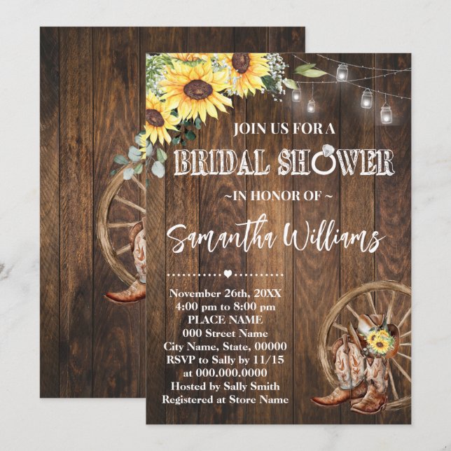 Invitación Sunflowers Western Bridal Shower Country Boots (Anverso / Reverso)