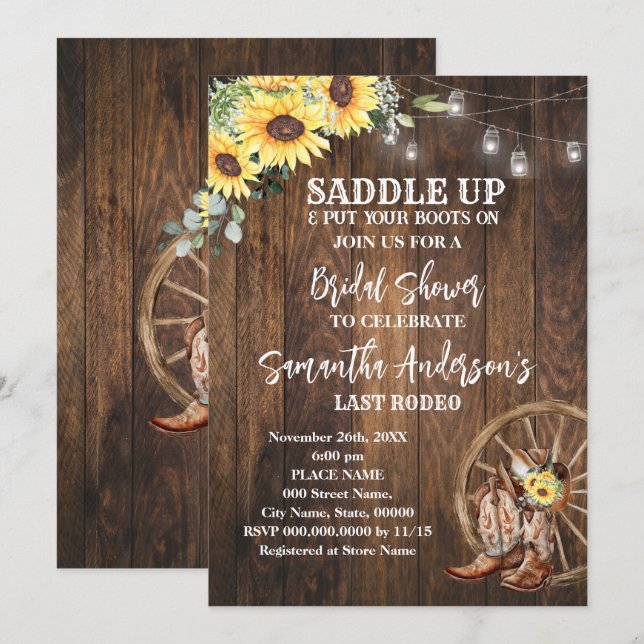 Invitación Sunflowers Western Cowgirl Saddle Up Bridal Shower (Anverso / Reverso)