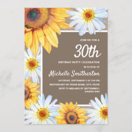 Invitación Sunflowers White Daisies Burlap 30 cumpleaños
