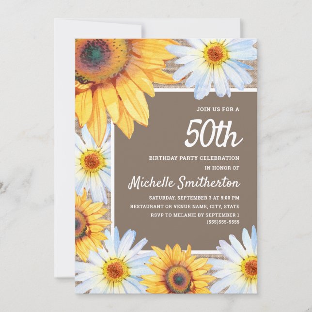Invitación Sunflowers White Daisies Burlap 50 cumpleaños (Anverso)