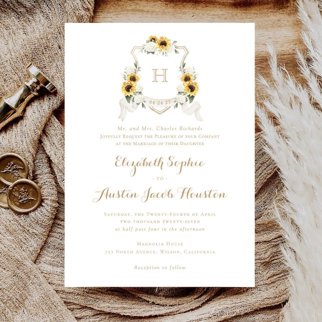 Invitación Sunflowers White Hydrangea Greenery Escudo Boda (Subido por el creador)