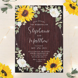 Invitación Sunflowers White Roses Luces Boda de Madera