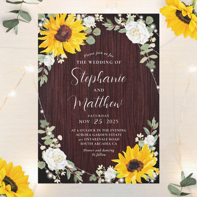 Invitación Sunflowers White Roses Luces Boda de Madera (Subido por el creador)