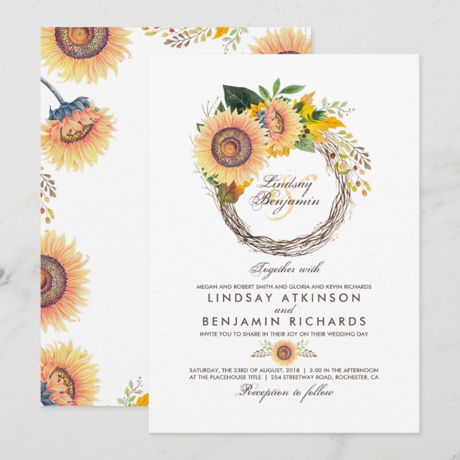 Invitación Sunflowers Wreath Rustic Fall Wedding (Anverso / Reverso)