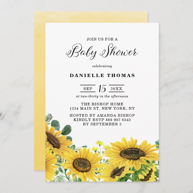 Invitación Sunflowers y Baby Shower Eucalyptus (Anverso / Reverso)
