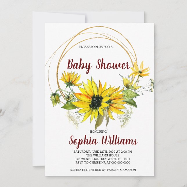 Invitación SunFlowers y Boho Baby Shower (Anverso)
