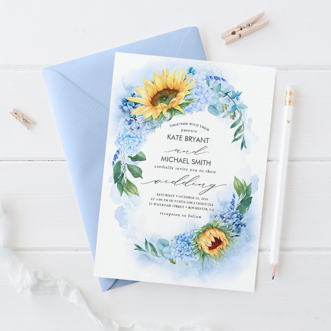 Invitación Sunflowers y Duste Blue Hydrangea Floral Boda (Subido por el creador)