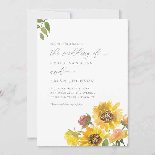 Invitación Sunflowers y Greeneration Elegant Rustic Boda (Anverso)