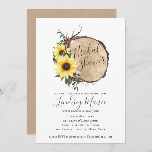 Invitación Sunflowers y Log Slice Bridal Shower (Anverso / Reverso)