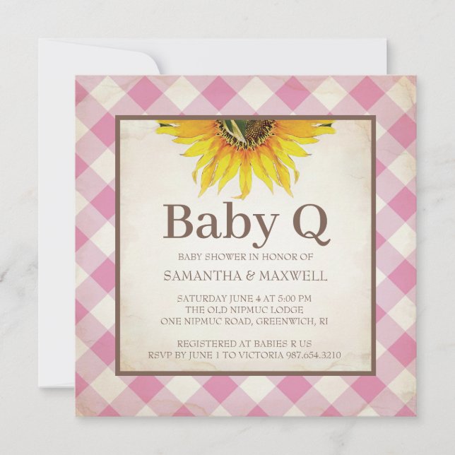 Invitación Sunflowers y Pink Gingham Baby Shower (Anverso)